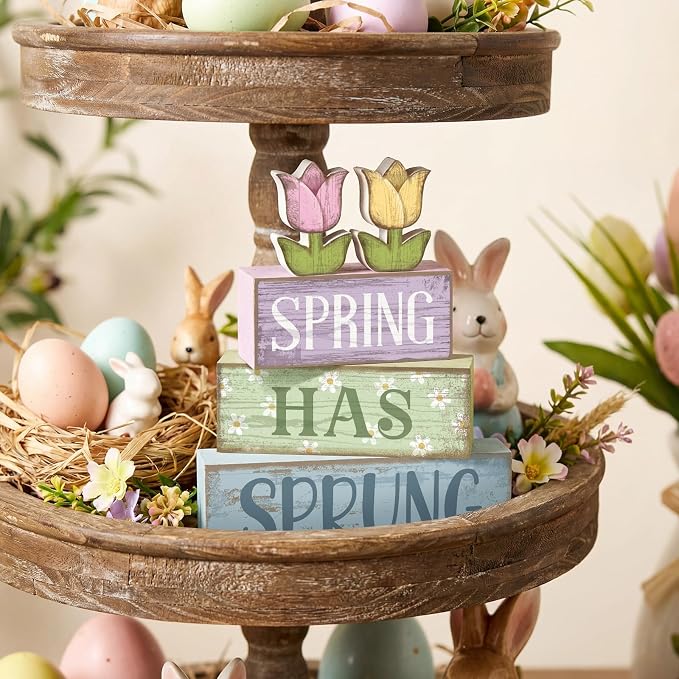 Moucuny 4 Pcs Spring Table Decorations Wooden Stacked Block Sign with Tulip Decor - "spring Has Sprung" Centerpiece Rustic Easter Tiered Tray Decorations Flower Signs for Home Kitchen Tabletop Mantel - Image 7