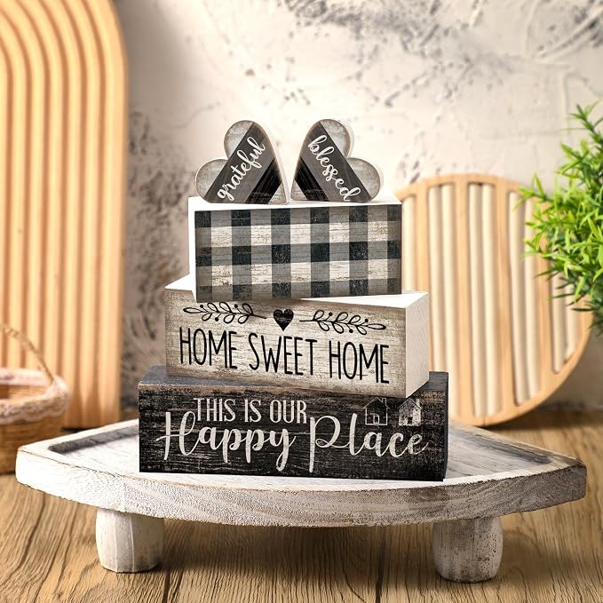 Moucuny 4 Pcs Farmhouse Decor Black and White Farmhouse Tiered Tray Decorations Home Sweet Home Table Centerpiece Wooden Blessed Heart Rustic Checked Kitchen Decor and Accessories Block Sign for Shelf - Image 2