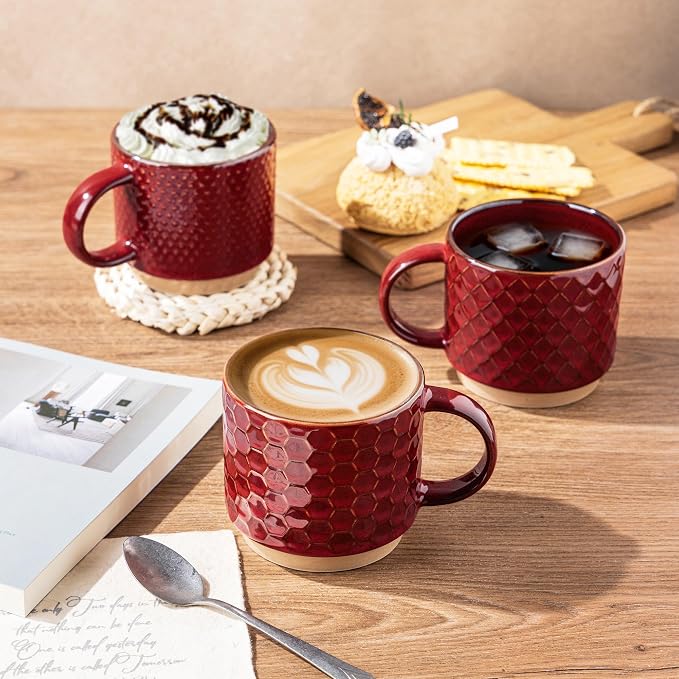 GBhome 15 OZ Stackable Coffee Mugs Set of 4, Ceramic Coffee Cups Set | 4 Assorted Designs, Embossed Mugs with Texture Patterns for Tea/Coffee, Dishwasher&Microwave Safe, Burgundy - Image 6