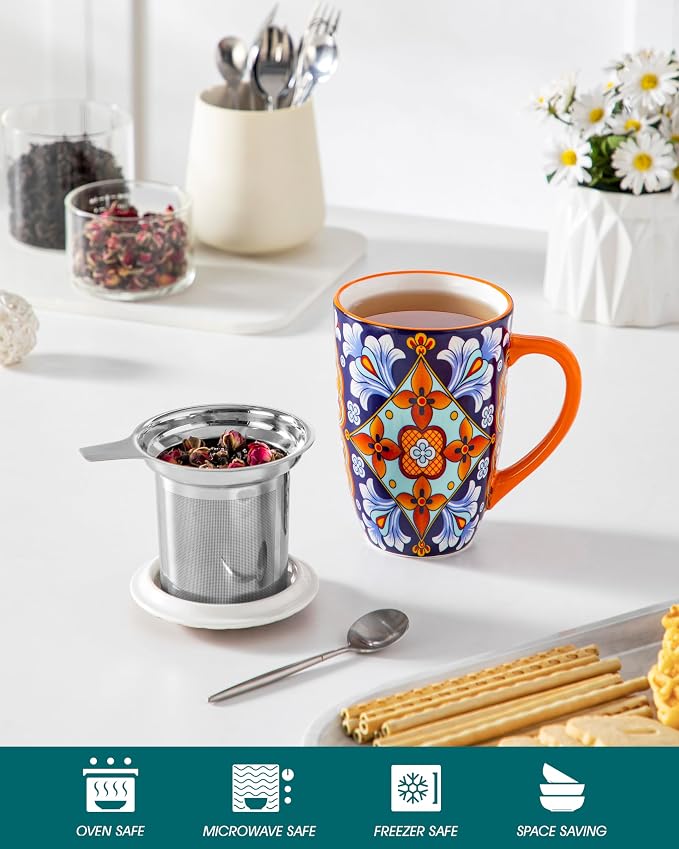 vancasso Ceramic Tea Mug with Infuser and Lid, 18 Ounce Bohemian Loose Leaf Cup, Microwave & Dishwasher Safe, Perfect for Tea, Coffee, Navy-Burnt Baroque - Image 4