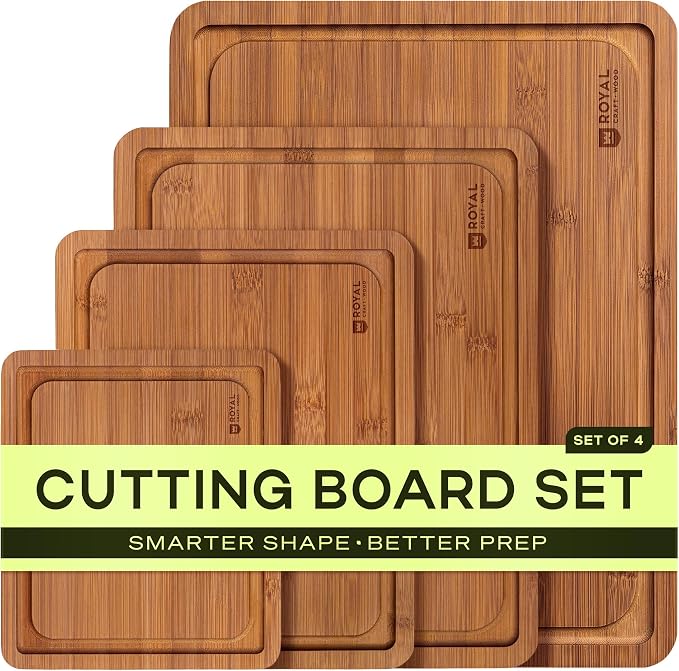 ROYAL CRAFT WOOD Wooden Cutting Boards for Kitchen Meal Prep & Serving - Bamboo Non Toxic Cutting Board Set with Deep Juice Groove Side Handles - Charcuterie & Chopping Butcher Block for Meat (4 Pcs) by ROYALCRAFTWOOD