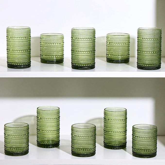 Moretoes Green Hobnail Drinking Glasses Set of 6,Glass Cups | 12 Oz Highball Glasses & 10 Oz Cocktail Glasses, Kitchen Bar Tumbler Glassware Set for Whiskey, Beer, Juice, Milk - Image 7