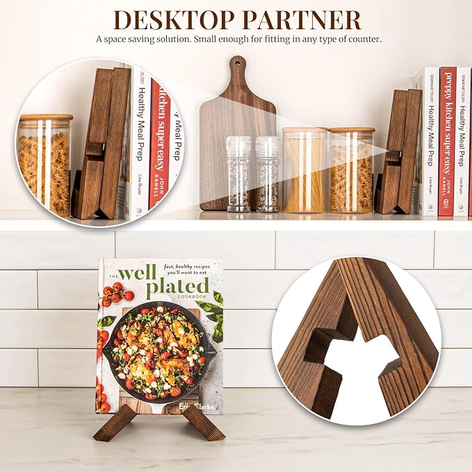 PUERSI Cookbook Stand for Kitchen, Recipe Book Holder for Kitchen Counter | Wooden Cookbook Holder, Rustic Cook Book Holder Stand - Rustic Brown - 1 Set - Image 4