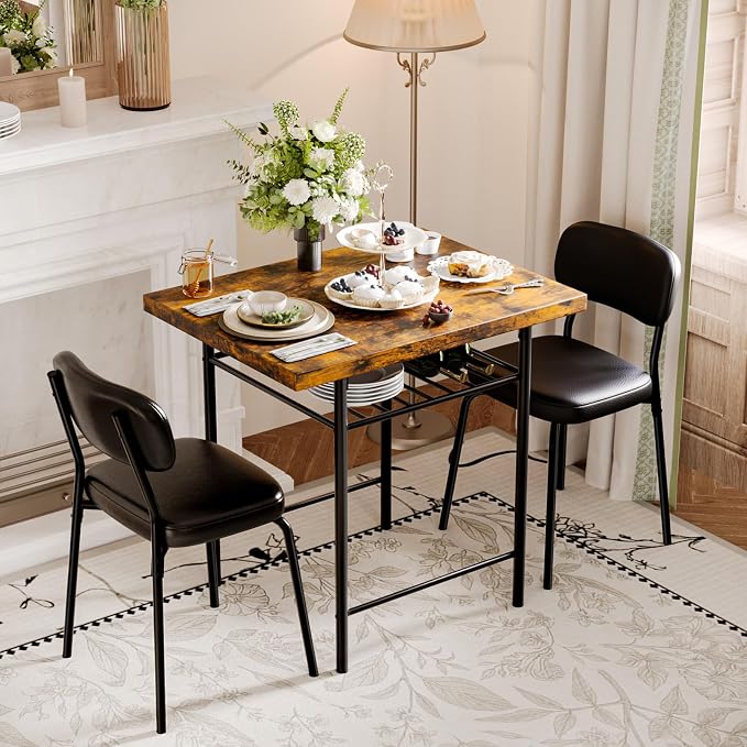 VINGLI Dining Table Set for 2, Small Kitchen Table Set with Upholstered Chairs, 3-Piece Dining Set with Storage Rack, Wood Dining Room Set with Metal Legs for Small Spaces, Living Room, Rustic Brown - Image 7