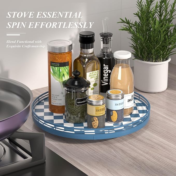 Blue and White Checkerboard Lazy Susan with Rubberwood Base and Metal Rail | Smooth rotating oak tray with walnut finish for dining tables, kitchen counters, pantries and cabinet storage. - Image 3