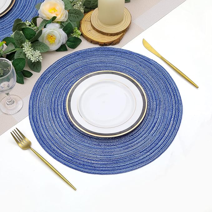 SHACOS Round Braided Placemats 15 inch Set of 6 Washable Kitchen Table Placemats for Home Wedding Party (Blue White, 6) - Image 6