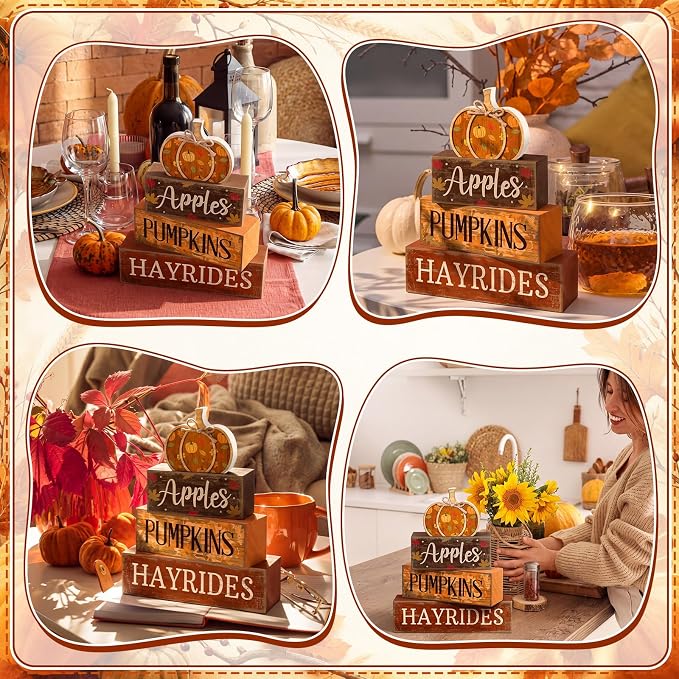 Moucuny 4 Pcs Fall Pumpkin Decor Fall Decorations for Home Wooden Pumpkin Decor Thanksgiving Table Centerpiece Rustic Hay Rides Autumn Stacked Block Signs Farmhouse for Harvest Party Home Kitchen - Image 7