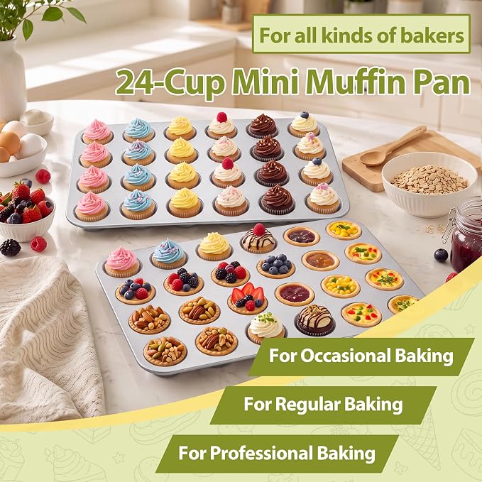 TeamFar Mini Muffin Pan, Stainless Steel 24-Cup Muffin Tin for Baking- 2PCS | Small Cupcake Pan Tray for Egg Bites Mini Cakes Quiches, Brunches Parties Birthday Treats, Healthy & Sturdy, Dishwasher Safe - Image 6