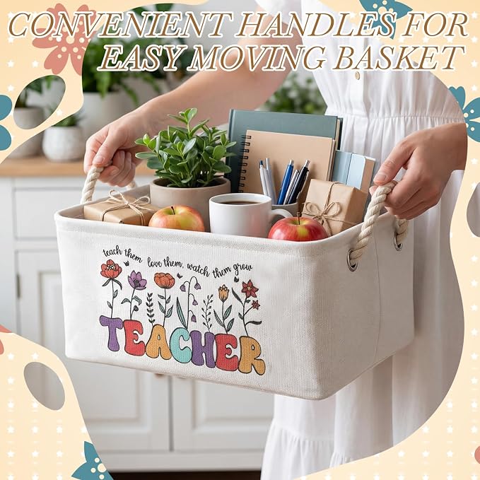 Marsui Teacher Basket Teacher Appreciation Gifts Book Storage Basket Large Foldable Linen Reading Accessories Back to School Teachers Storage Bins Gifts from Student Classroom Office Home - Image 4
