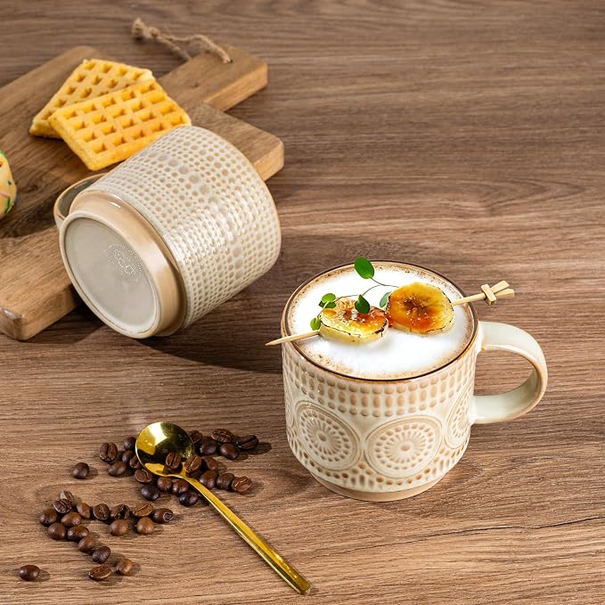 GBhome 16OZ Stackable Coffee Mugs, Ceramic Coffee Mugs with Texture Patterns for Man,Woman,Dad,Mom, Modern Coffee Mugs Set of 4 for Latte/Cappuccino/Cocoa. Dishwasher&Microwave Safe - Image 5