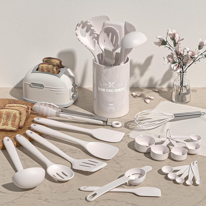 Kitchen Utensils Set, Umite Chef 22Pcs Silicone Cooking Utensils Set, Heat Resistant Silicone Kitchen Spatulas Set with Holder, White Cooking Gadgets Tools Set for Nonstick Cookware, Dishwasher Safe - Image 2