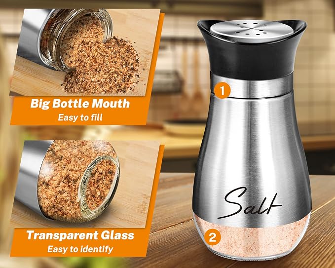 Salt and Pepper Shakers - 4 oz Silver Glass Set with Stainless Steel Lids | Refillable Glass Shakers with Stainless Steel Lids for Cooking, Dining, RV Trips, Camping and BBQs; 4 oz Capacity Each. - Image 3