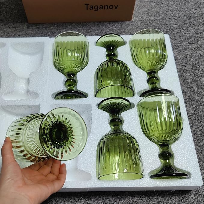 Taganov Green Water Glasses Drinking Wine Goblet set of 6 Vintage Glassware Colored Stemware 11 ounce for Wedding Party Bar Vertical Embossed Pattern Stemmed Cups 330 ml - Image 7