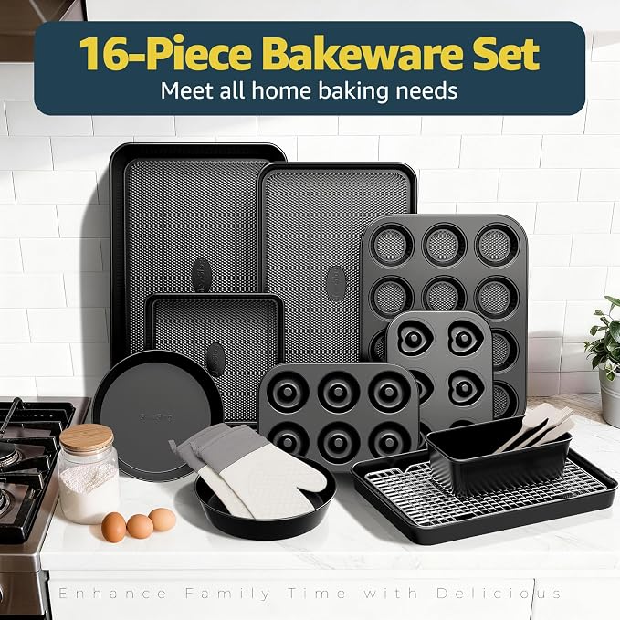 16-Piece Baking Pan Set, Nonstick Bakeware Set with Rack, Baking Sheet Set | Baking Sets with Oven Mitts, Donut Pan, and Heart Pan, Stackable Carbon Steel Baking Set with Kitchen Utensils, Black - Image 2