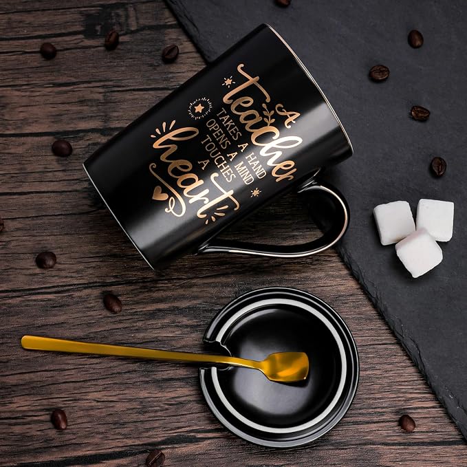 Best Teacher Appreciation Gifts for Men Women, 14oz Unique Black Coffee Mug | Gold Print Teacher Ceramic Cup, Presents for Teachers Graduation Retirement Valentine, with Lid Spoon Card, Nice Gift Boxed - Image 4