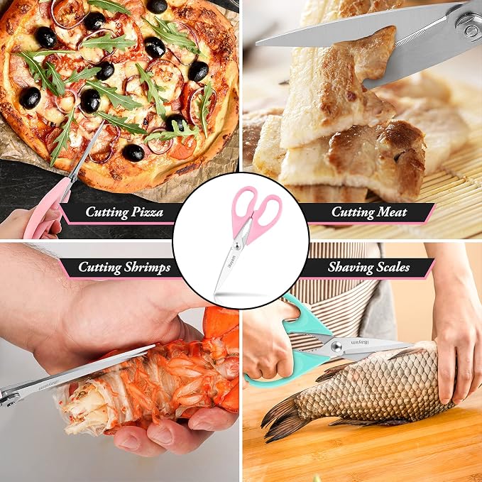 iBayam Pastel Kitchen Scissors All Purpose Heavy Duty & Cover, Pink/Purple | Dishwasher Safe, Comfort Grip, 8.7" Stainless Steel Sharp Food Scissors Poultry Shears Kitchen Utensils Accessories, 2-Pack - Image 5
