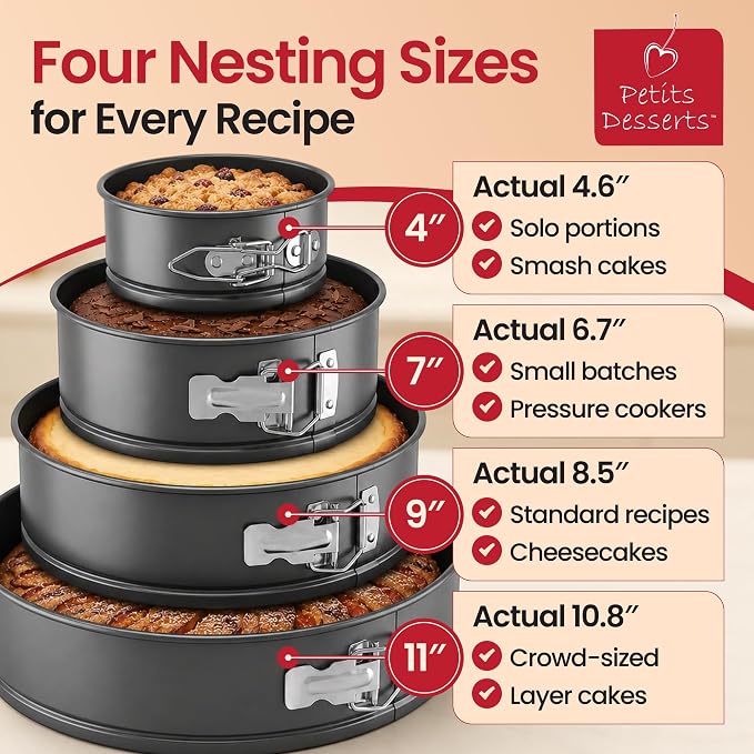 Cheesecake Pan and Springform Cake Pan Set - 4, 7, 9 and 11 in, NONSTICK | with CAKE SLICER and TESTER; INSTANT POT – Compatible; Easy-open Latches for Cheesecakes, Layer Cakes, Quiches; for Gifting - Image 2