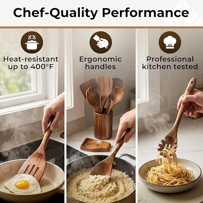 Wooden Utensil Set, 8 Pcs Teak Wooden Spoons for Cooking with Holder | Includes Spatula, Turner, Ladle, Skimmer, Spoon Rest & 6 Hooks – Sturdy, Non-Scratch, Easy to Clean - Image 5