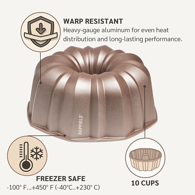 Inara 10 Cup Fluted Cake Pan Nonstick, PFOA & BPA Free | | Non-Toxic - Cast Aluminum - Gold - Pound Cake Mold for Oven Baking - Image 5