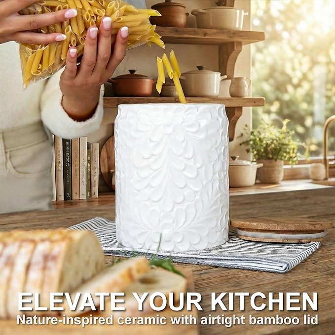 XXL 94 Oz Engraved Ceramic Kitchen Canister - Storage Jars with Airtight Lids Made from Bamboo with Nature-Inspired Engraving - Use as a Pasta Holder, Coffee Ground Holder, Rice Container, Candy Jar - Image 2