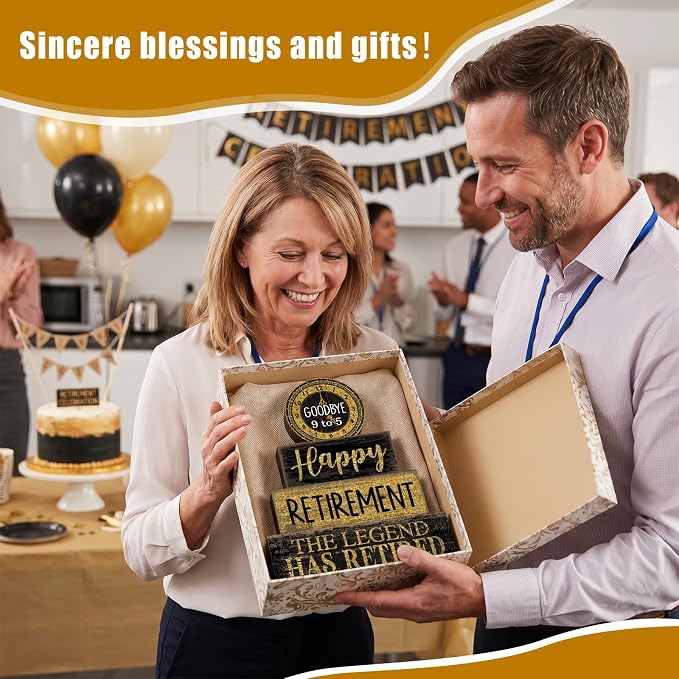 Moucuny 4 Pcs Retirement Party Decorations Happy Retirement Table Decor Black and Gold Goodbye Centerpieces for Tables Decorative Clock Block Signs Gift for Retired Party Supplies Men and Women - Image 5