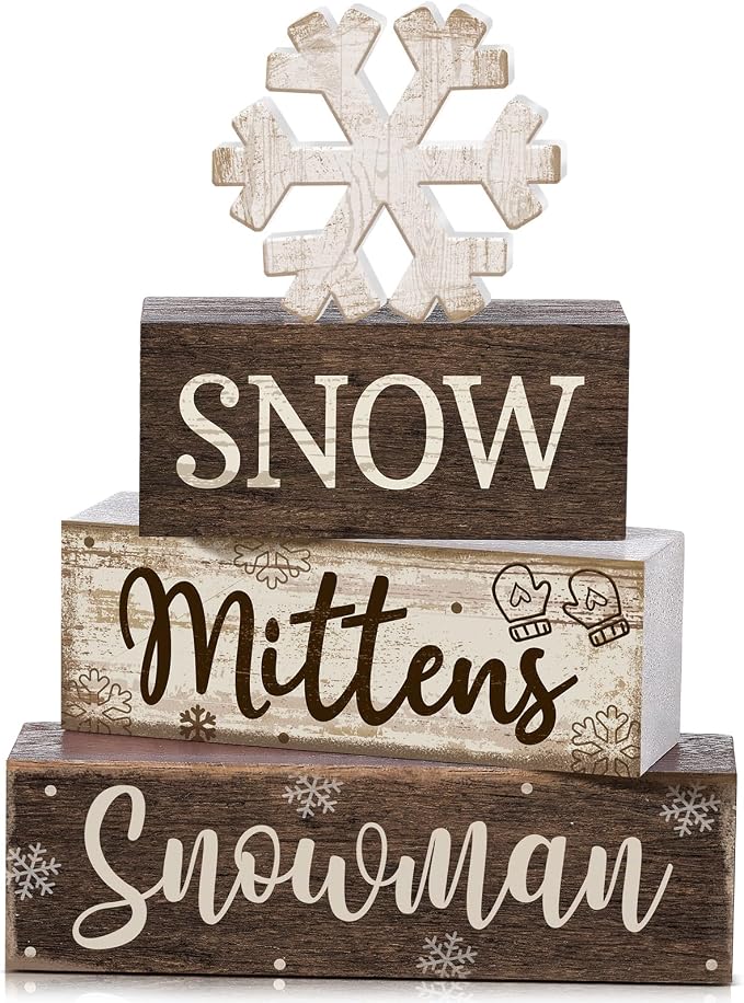 Moucuny 4 Pcs Winter Table Decorations Wooden Snowflake Decor Christmas Tiered Tray Decor Rustic Decorative Snowflake Block Sign Gift Winter Table Centerpiece for Wonderland Party Home Kitchen by Moucuny