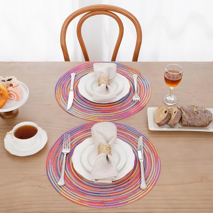 SHACOS 15 inch Round Placemats Set of 6 Variegated Multicolor Place Mats Cotton Polyester Braided Non Slip Washable Heat Resistant Table Mats for Home Wedding Dinner Party Table Decor, Rainbow Pink - Image 3