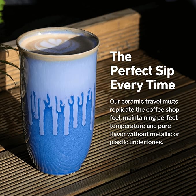 NOVA CERAMICS Ceramic Tumbler– Blue Ceramic Mug – Microwave & Dishwasher Safe Coffee White & Orange Tumbler - Leak-Proof Coffee Travel Mug – 16oz – Neptune - Image 4