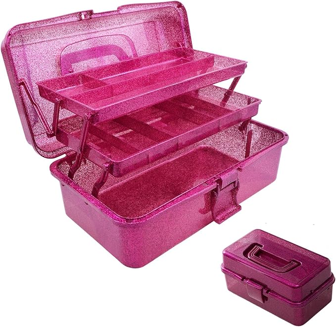 12.2inch 3-Layer Art & Craft Tool Storage Box, Beautiful Sewing Supplies Organizer, Plastic Portable Fishing Tackle Boxes, for Art Supply, Makeup, Hair Accessories,Painting Tools Container (Hot Pink)