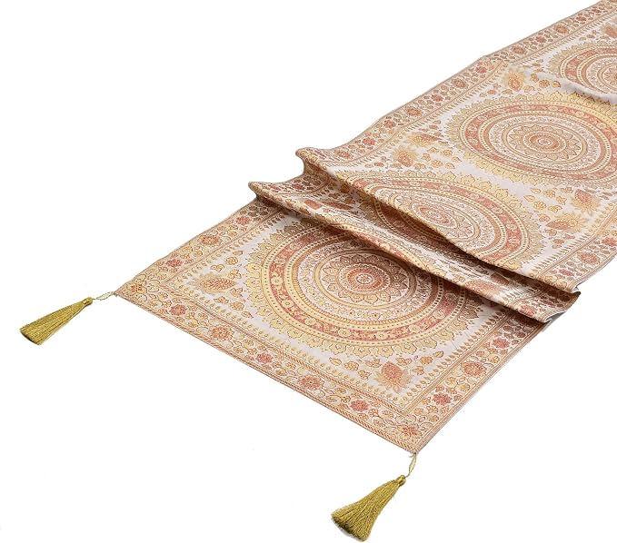Indian Handmade Indian Traditional Table Runner Ethnic Kitchen Table Cloth for Wedding Bridal Birthday Party Diwali Decorations - Mandala Design - White - Image 3