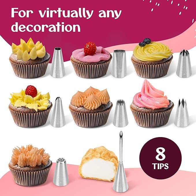 Premium Reusable Piping Bags and Tips Set - Cotton Pastry Bag 16" with 8 Large Icing Tips for Cake Decorating - Large Piping Tips Set - Dishwasher Safe