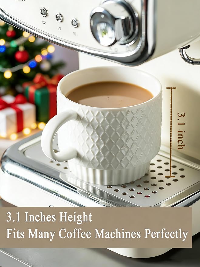 Gomakren Stackable 13oz Coffee Mugs Set of 4 with Stand & Spoons, White | Large Capacity for Cappuccino Coffee Milk Tea Drinks | Embossed Stoneware Mugs, Black Metal Rack, Microwave/Dishwasher Safe - Image 2