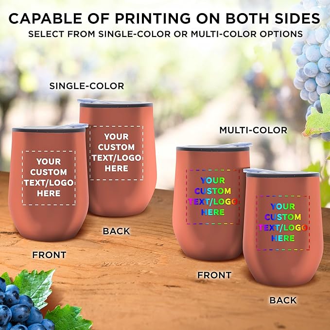 Custom Stemless Wine Tumblers 12 oz. Set of 12, Personalized Bulk Pack - Insulated, Perfect for Wine, Cocktails, Other Hot & Cold Beverages - Rose Gold