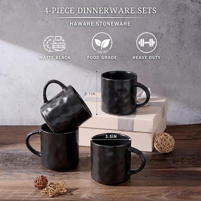 HaWare Coffee Mugs Set of 4, 14 Ounce, Matte Black | Stoneware Latte Cups With Handle, For Man, Woman, Dad, Mom, Drinking Cups for Cappuccino/Cocoa/Milk - Image 2