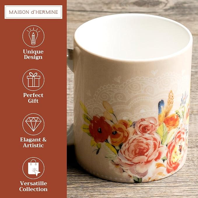 Maison d' Hermine Coffee Mug with Handles Tea Cups (12 Ounce, Pack of 1) | Fine Bone China Coffee Mugs for Hot Beverages Cappuccino Latte Home Restaurant Hotel Spring Summer -Ibiza - Beige - Rose - Image 2