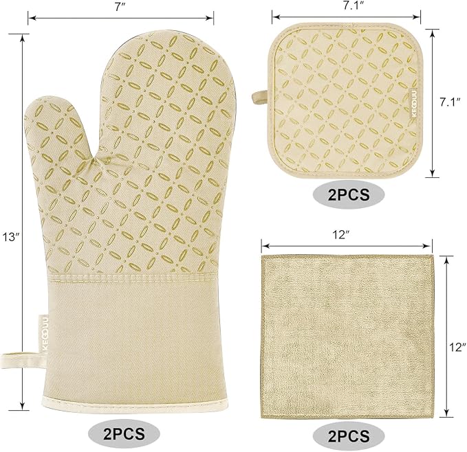 KEGOUU Oven Mitts and Pot Holders 6pcs Set, Kitchen Oven Glove High Heat Resistant 500 Degree Extra Long Oven Mitts and Potholder with Non-Slip Silicone Surface for Cooking (Beige) - Image 2