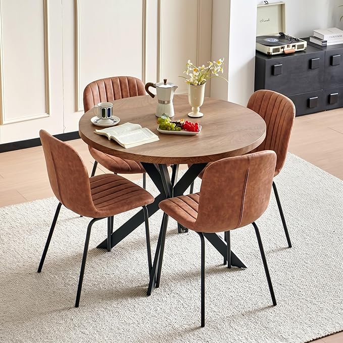 37 Inch Round Dining Table Set for 4, Modern Small Circle Kitchen Coffee Set for Apartment Living Room Office, Save Space(1 Imitation Wood Table + 4 Brown PU Leather Chairs) by SQPFTW