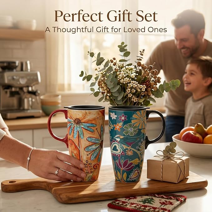 Topadorn Set of 2 Ceramic Travel Mugs with Lid, 17oz Ceramic Coffee Mug | Colorful Folk Art Floral & Bird Design, Microwave & Dishwasher Safe, Gift Boxes Included - Image 7