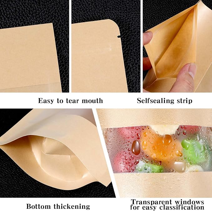100 PCS Resealable bags, 5.5" x 7.9" Stand Up Paper Bags with Matte Window, Food Storage Bag for Packaging Products, Reusable, Sealable - Image 6
