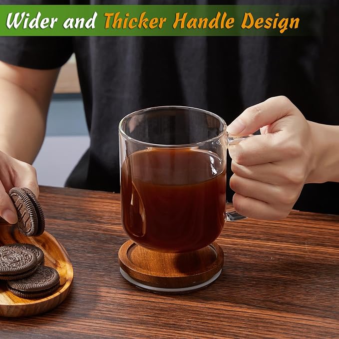 DRASTAR Glass Coffee Mugs,Clear Coffee Cups, Coffee Mug with Acacia Wood Lid, Tea Glass Cups with Handles, Large Coffee Mug Set of 2, Glass Coffee Cups for Latte, Espresso, Tea (2, 16 oz) - Image 6