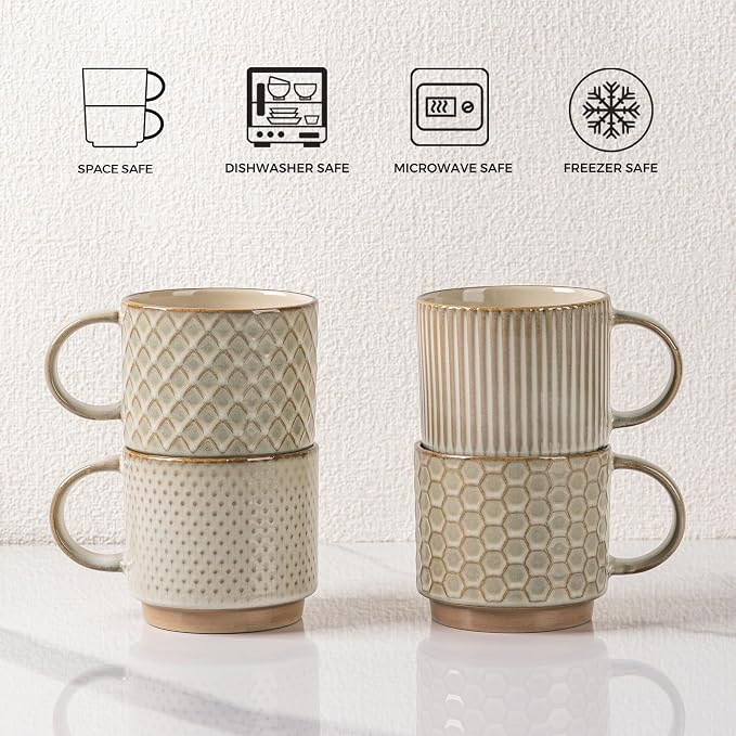 GBhome 8 OZ Stackable Coffee Mugs Set of 4, Ceramic Coffee Cups Set | 4 Assorted Designs, Embossed Mugs with Texture Patterns for Espresso/Tea, Dishwasher&Microwave Safe, Khaki - Image 7