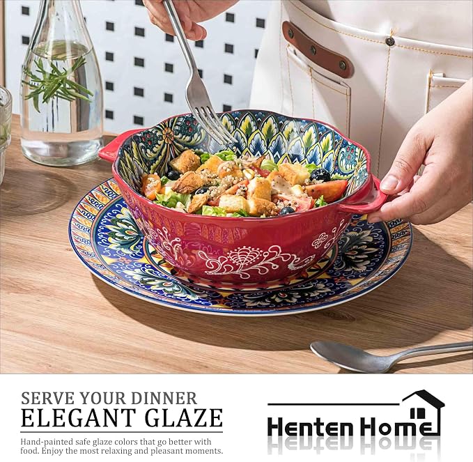 Henten Home Bohemia Large Bowls with Handle, 49 oz Ceramic Soup Bowl Set of 2, Porcelain Pho Bowl, Floral Noodle Bowls Set for Kitchen, Ramen, Udon, Microwave & Dishwasher Safe - Image 6