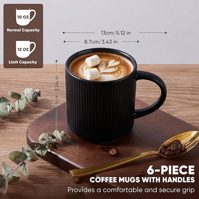 E-far 12 oz Coffee Mugs Set of 6, Stoneware Coffee Cups with Handle for Man Woman, Modern Ribbed Ceramic Tea Mugs for Latte Cocoa Milk, Microwave & Dishwasher Safe, Matte Black - Image 2
