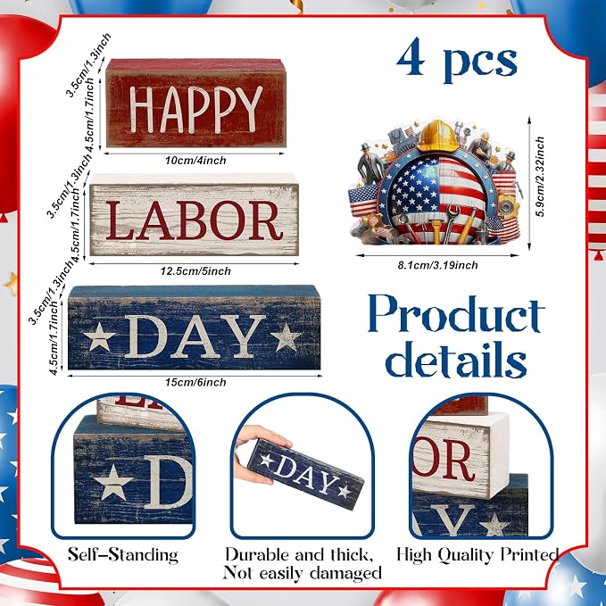 Moucuny 4 Pcs Labor Day Table Decoration Patriotic Worker Wooden Stacked Block Decor with American Flag Topper Happy Labor Day Centerpieces Patriotic Tiered Tray Decor for American Party Home Office - Image 2