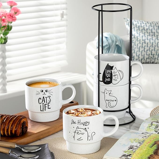 Signature Housewares Stackable Coffee Mug Tower Set with Metal Wire Rack - 15 Ounce Coffee Mugs for Coffee, Tea, Cocoa, Milk, Cappuccino, Hot Chocolate Set of 4 - Cat's Life - Image 6