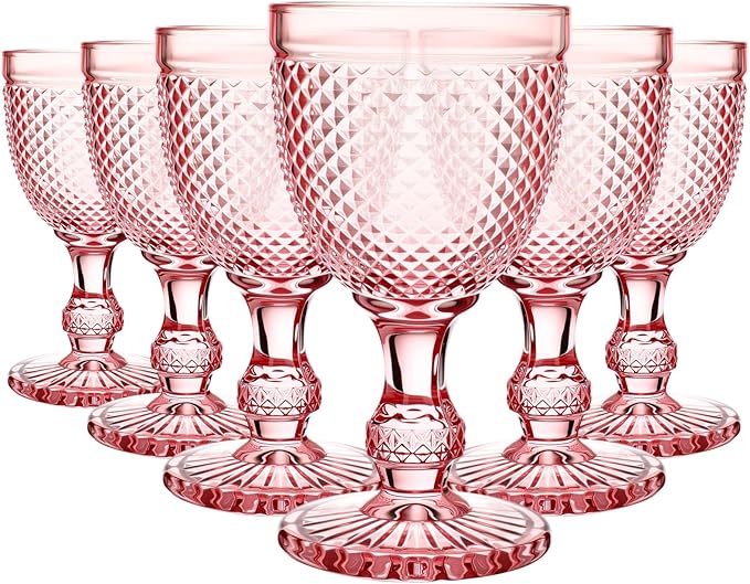 Bokon 6 Pack Pink Glass Goblets Set 10 oz High Clear Wine Glass Vintage Water Goblets Cups Embossed Diamond Design Glassware with Stem for Drinking Juice Liquor Party Wedding Bar by Bokon