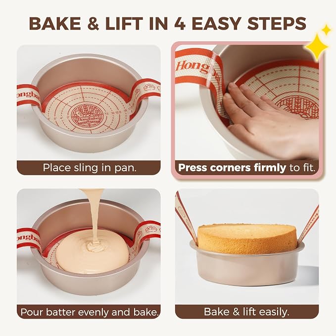 8 Inch Round Cake Pan Set for Baking with 2 Pcs Silicone Baking Sling Mats, Nonstick Circle Cake Pans Set of 2, 2.5" Deeper Layer Cake Tin for Oven, Cheesecake Mold, Huty Duty, Golden - Image 6