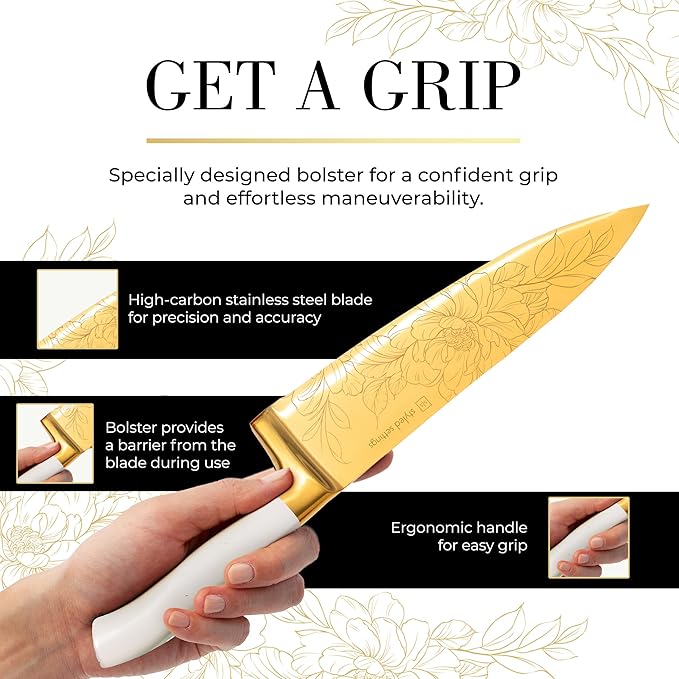 Styled Settings White and Gold Knife Set with Elegant Floral Pattern, 14-PC | Golden Titanium-Coated Stainless Steel Gold Knives with Block, Ultra-Sharp, Durable Kitchen Knife Block Set - Image 6