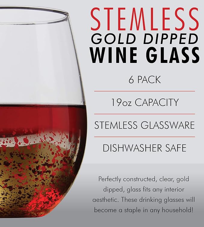 Kitchen Lux 18 oz Gold Rimmed Stemless Wine Glasses for Parties – Set of 6 Gold Wine Glass Cocktail Tumblers – Large Crystal Clear Wine Cups - Deluxe Glassware Gift for Christmas - Dishwasher Safe - Image 3