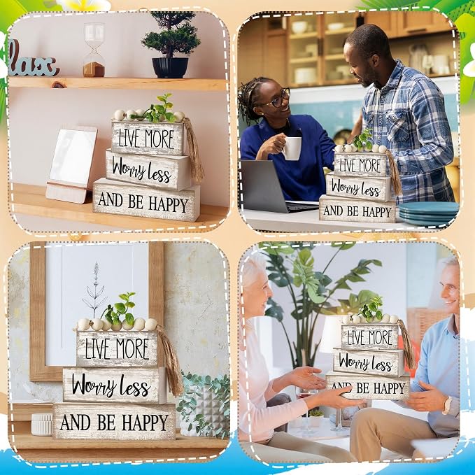 Moucuny 4 Pcs Inspirational Farmhouse Table Decor Rustic Stacked Wooden Block Sign - Live More Worry Less Be Happy Centerpieces Set with Beaded Tassel and Artificial Plant for Home, Office, Shelf Gift - Image 4